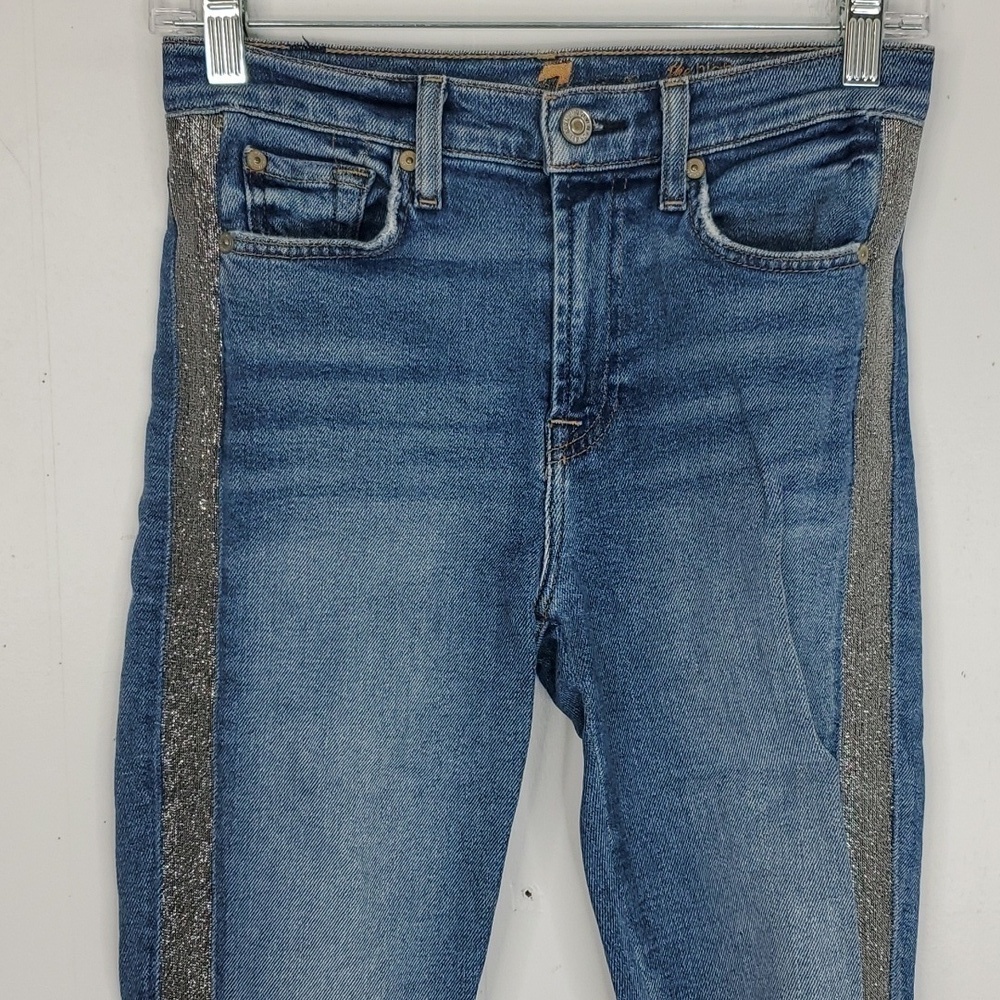 7Fam Luxe Vintage High Waist Ankle Skinny Jeans Metallic Side Stripe Womens 25 - Picture 2 of 12